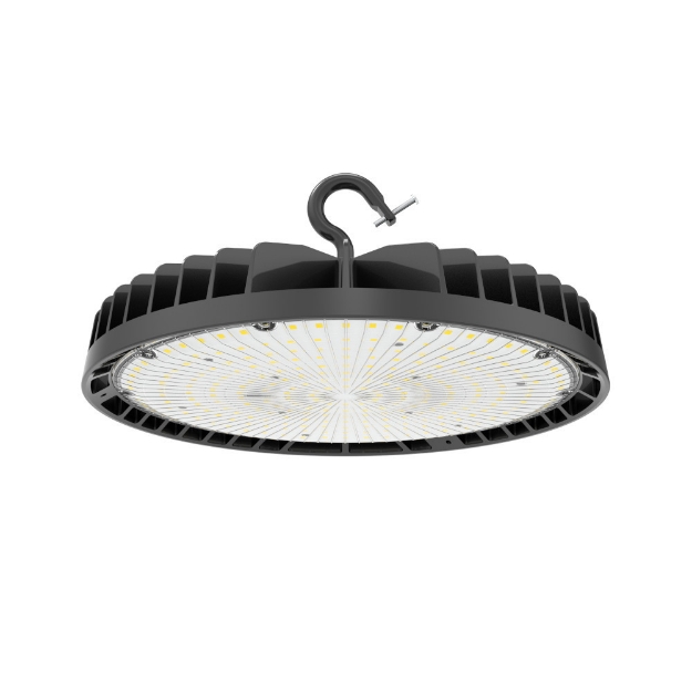 Picture of 240/200/150 watt, Selectable Economy UFO high bay light, 5000k, 100-277 vac. 0-10v. dimmable, black housing.