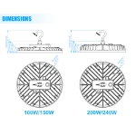 Picture of 240/200/150 watt, Selectable Economy UFO high bay light, 5000k, 100-277 vac. 0-10v. dimmable, black housing.